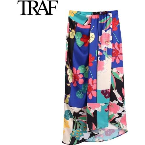 Traf Za Women Fashion Floral Print Skirts Female High Waist Satin Long Skirt French Elegant Back Zipper MIDI Skirt Mujer