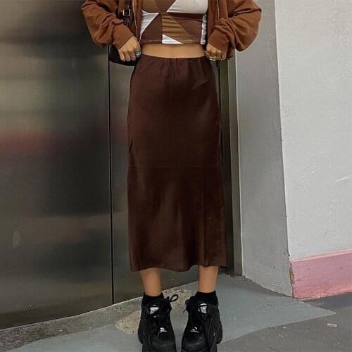 Womens Vintage Solid Color High Waist Satin Long Skirt Loose Leisure Splitting Hem Trendy Skirt For Female