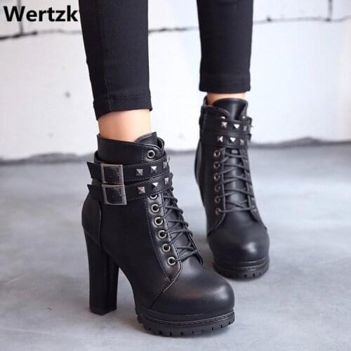 Platform high heels boots women ankle boots with buckle shoes woman high heel sexy motorcycle boots platform shoes lace up E434