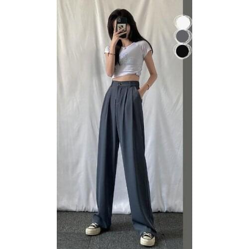 Wide leg pants women 2021 summer new style gray high waist drape straight loose small casual pants