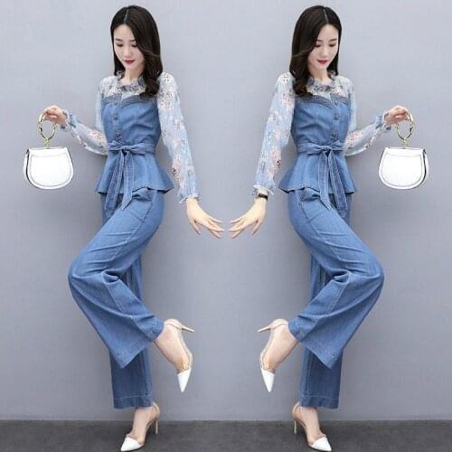 2021 Spring Autumn New Fashion Elegant Office Lady Denim Suit Short Sleeve Tops + High Waist Wide Leg Pants Two Piece Sets Y693