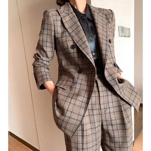 Womens Suit 100% High-Count Wool High-Dnd Plaid Two-Piece Casual Suit Spring Autumn 2021 New Slim Professional Suit Pants