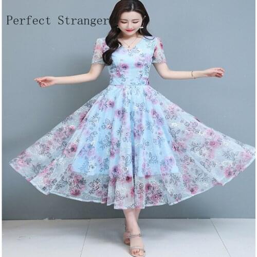 High Quality 2021 Summer Dress For Women V Collar Floral Printed Short Sleeve Women Chiffon Long Dress