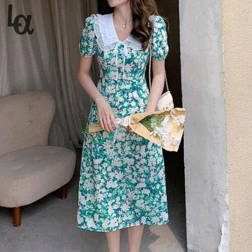 Luck A Summer Korean Chiffon Women Dress Elegant Vintage Dress Boho Floral Print Sweet Short Sleeve Vestido Clothing 2021 Robe