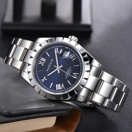 39mm parnis Blue dial sapphire glass date miyota 8215 automatic movement mens watch