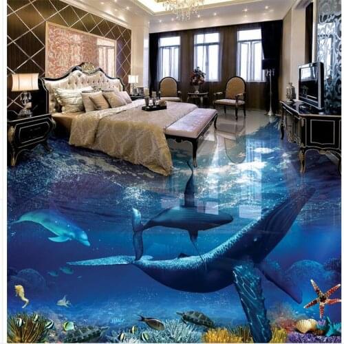 Beibehang Custom wallpaper floor painting beautiful whale dolphins underwater world 3D bathroom living room floor