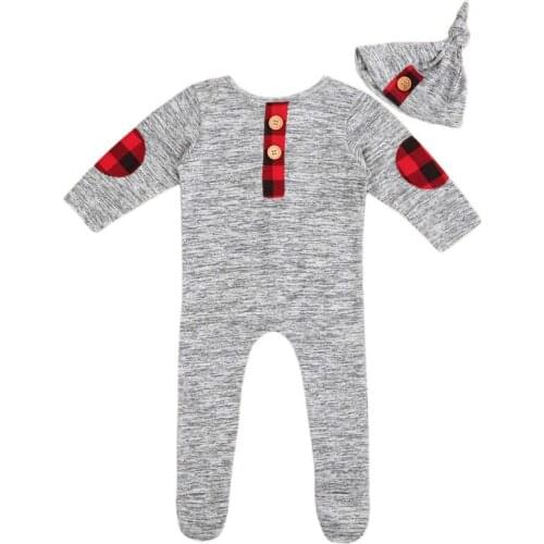 Christmas Baby Boy Girl Infant Cotton Plaid Buttons Romper Tops Hats 2Pcs Set Xmas Gifts Kids Newborn One-Piece Jumpsuit Rompers