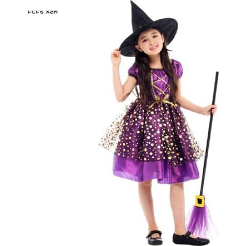 M-XL Purple Gothic Girls Halloween Witch Costume Kids Children Sorceress Cosplay Carnival Purim Masquerade Role Play party dress