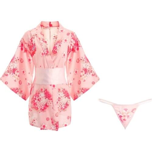 Exotic Sexy Lingerie Women Panties Pajama Sets Erotic Nylon Kimono Nightgown Dress Japanese Printed Fabric Sleepwear Sex Uniform