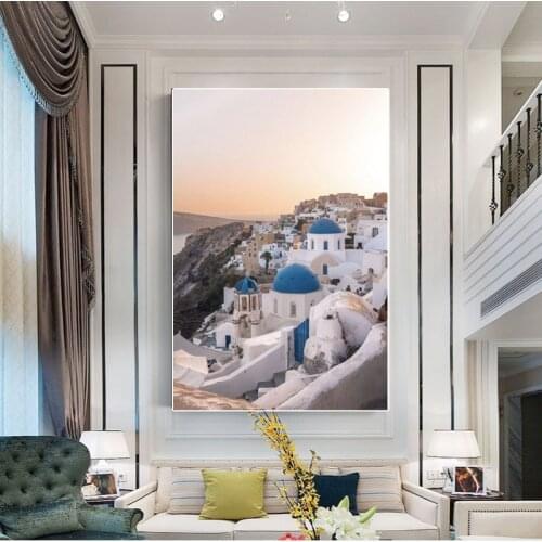 Mediterranean Style Handpainted Oil Painting on Canvas Santorini Scenery Blue Roof House Greece Painting Wall Decor