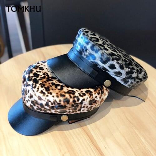 New Autumn Winter Flat-top Hat For Women Korean PU Leather Leopard Print Navy Octagonal Hats British Style Sombrero Mujer Visors
