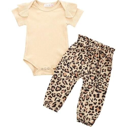 Newborn Baby Girls Fashion 2-piece Clothes Set Short Sleeve Romper+Leopard Pants Set Summer