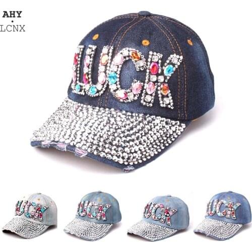 Fashion Womens Baseball Cap Luxury Rhinestone Caps Embroidered letter LUCK Hats Gorras Female Glass Diamonds Denim Hip Hop Hat