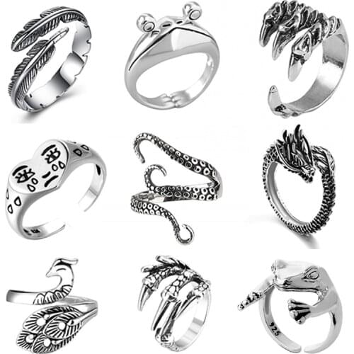 2021 Retro Punk Snake Dragon Ring for Men Women Exaggerated Antique Siver Color Opening Adjustable Rings Anillo Hombre Bijoux
