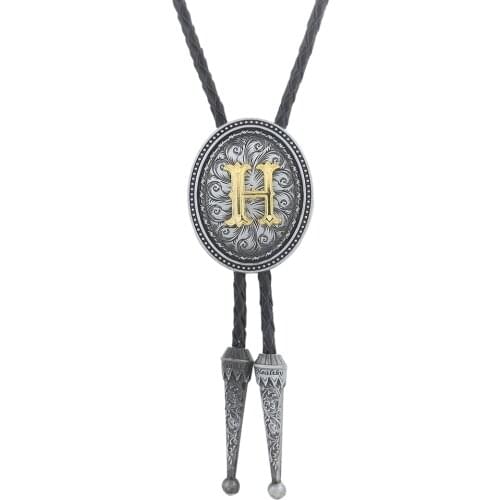 New man bolo tie zinc alloy leather collar rope wedding high-end gift retro pattern surname initials