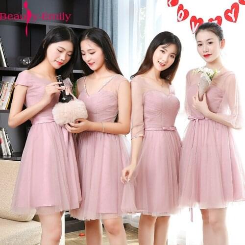 Beauty Emily Charming Dust Pink Lace Bridesmaid Dresses Elegant V Neck Sleeveless Tulle Wedding Party Dress Robe De Soiree 2019