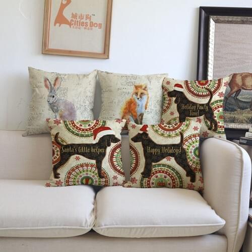 Christmas Dog Retro And Vintage background Animals Deer Fox Rabbit Linen Throw Pillow Case Home Sofa Decorative Cushion Cover
