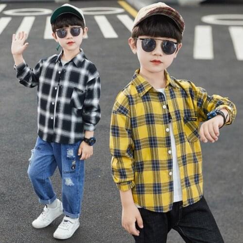 New 2020 Boys Autumn Fashion Plaid Shirt Childrens Long Sleeve Spring/Autumn Wear Boys Pocket Check Shirt 110-160cm Hot Sale