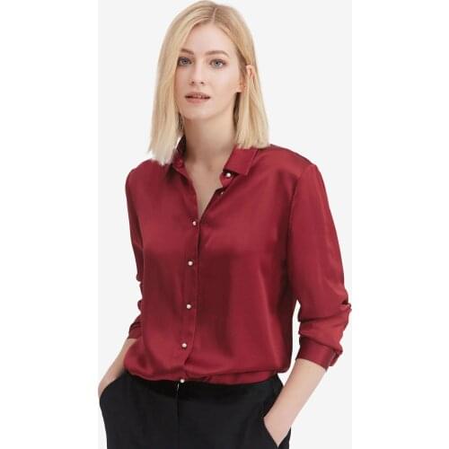 Pure 19MM Silk Shirts for Women Basic Formal Office Vintage Long Sleeve Pearl Button Down Silk Blouse Tops for Ladies Top