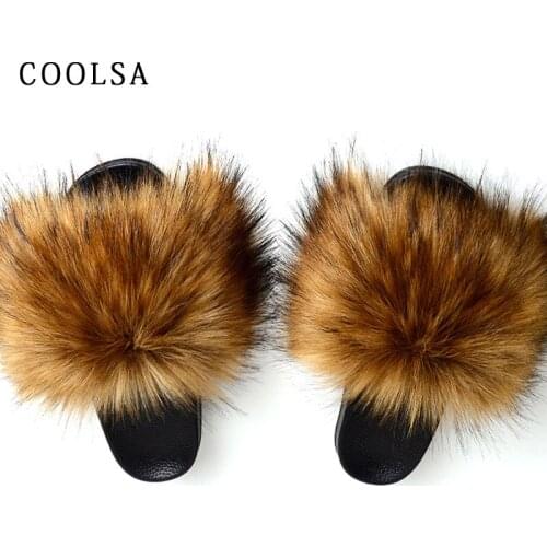 New Winter Warm Fur Slippers Women Faux Fox Fur Slides fluffy Plush Sandals Flat House Shoes Woman Casual Raccoon Fur Flip Flops
