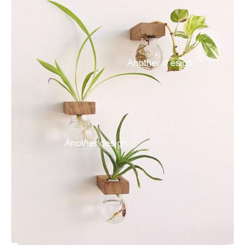 Bulb glass vases wall hanging solid wood flower pots planters home decoration crystal pots bar shop DIY bonsai decorative bulb