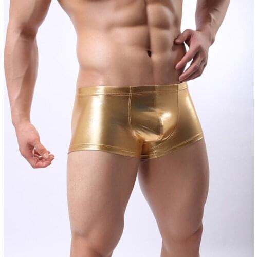 2019 Hot Sexy Faux Leather Underwear Men U Convex Pouch Panties Boxers Shorts Gay Underpants Erotic Black Silver Gold Lingerie