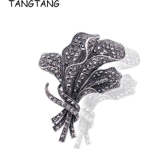 Unique Anti-Black Plating Full Rhinestone Black Tone Flower Bouquet Brooch Pin For Women Men Suit Accessories 2018 Trendy Tree