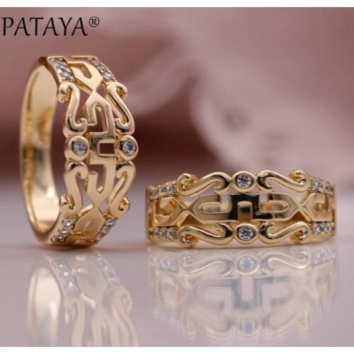 PATAYA New 585 Rose Gold Unusual Rings Round White Natural Zircon Women Rings Hollow Engagement Wedding Romantic Fashion Jewelry