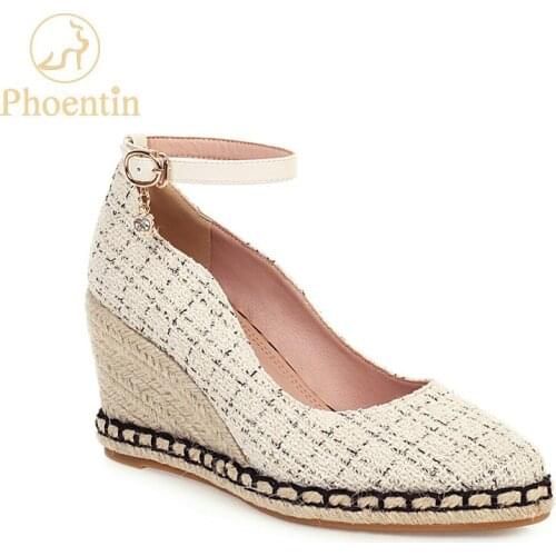 Phoentin ankle strap platform heels 8cm 2020 Checkered pattern dress shoes woman valentine shoes wedges black large size FT835