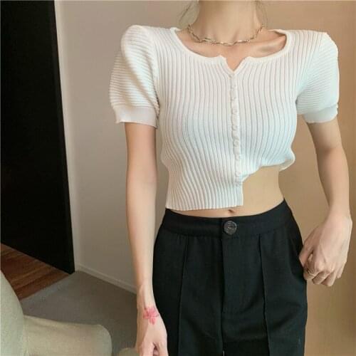 2021Summer Short Puff sleeve Knitted short sleeves Cardigan Women T-shirt Slim Solid Sexy Lady Tshirt Tops
