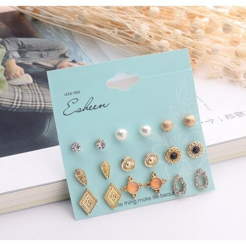 9 Pairs/Set Womens Earrings Pearl Earrings for Women Bohemian Fashion Jewelry 2020 Geometric Crystal Heart Stud Earrings New