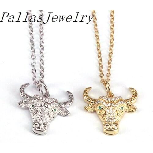 10Pcs, , New Bull Head CZ Stone Pendant Necklace Copper Chain Charm Gold Choker Necklace For Men Jewelry Gifts