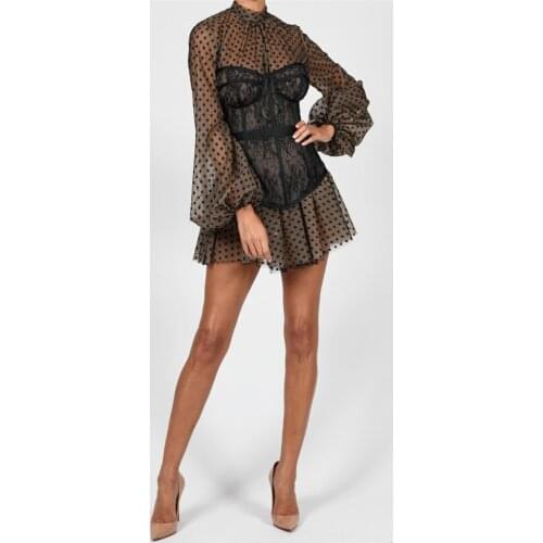 Black Lace Long Sleeve O-Neck 2 Piece Mini Bodycon Women Dresses Evening Party Dress