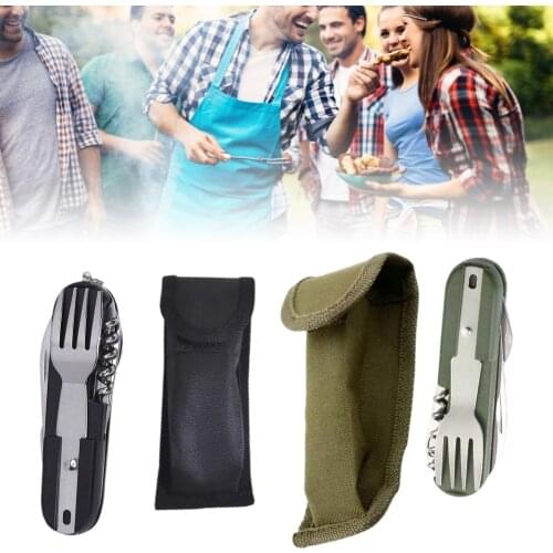 Stainless Steel Travel Kit Portable Army Green Folding Camping Picnic Cutlery Knife Fork Spoon Bottle Opener Flatware Tableware