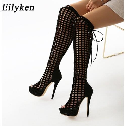 Eilyken Platform High Heels 14.5 cm Sexy Open Toe Hollow Out Long Booties Women Lace-Up Zip Over The Knee Boots Nightclub Shoes