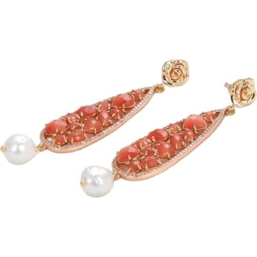 GG Jewelry Natural Cultured White Baroque Keshi Pearl Bezel Set Orange Cats Eye Flower Stud Earrings For Women