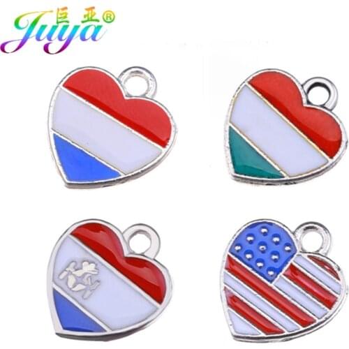Juya 10pcs Wholesale Heart Shape Enamel Charms France Italy Netherland USA Flag Charms DIY Creative Jewelry Making Accessories