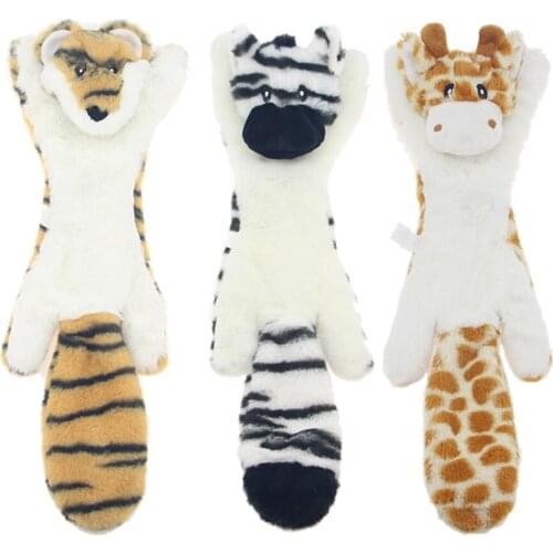 Cute Plush No-Stuff Pet Dog Squeaky Toy Training Play Teasing Chew Whistling Doll Animal Tiger Cow Interactive Sound Accessory