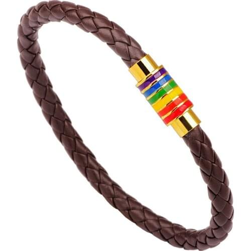 HOT Men Rainbow Jewelry Charm Leather Bracelet With Stainless Steel Accessories Gay Pride Bracelet For Gay Holiday