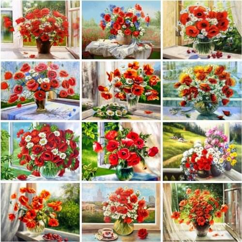 AZQSD Flower Painting By Numbers Poppy Acrylic Draw By Numbers On Canvas 60x75cm Frame Home Decor Wall Art Diy Gift