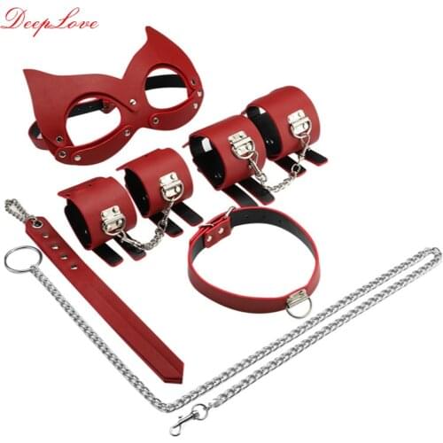 SM Leather Suit Set Fetish Bundle Bondage Restraint Femdom Handcuffs Shackles Whip Dog Leash Collar SM slave adult games