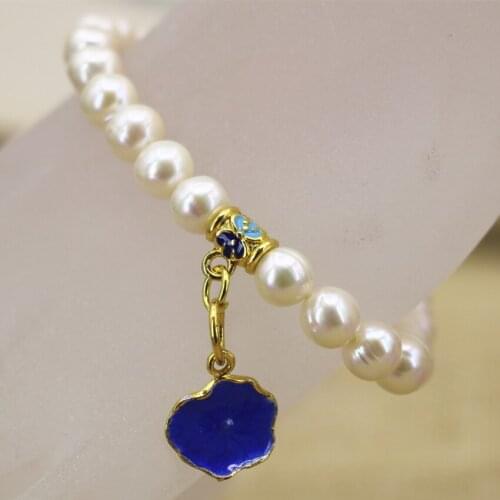 Natural white freshwater nearround pearl 7-8mm beads strand bracelet women flower cloisonne pendant charms jewelry 7.5inch B3124