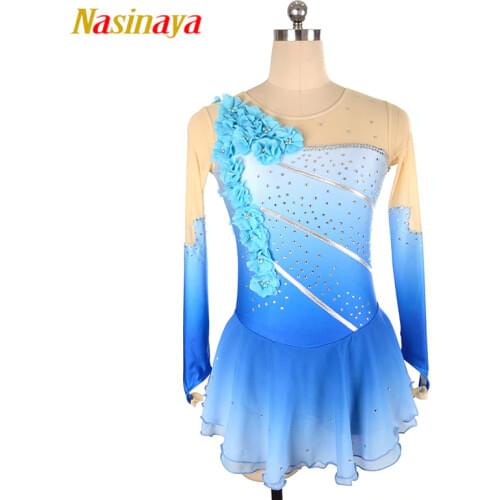 Nasinaya Figure Skating Dress Customized Competition Ice Skating Skirt for Girl Women Kids Performance Chest Flower Glittering