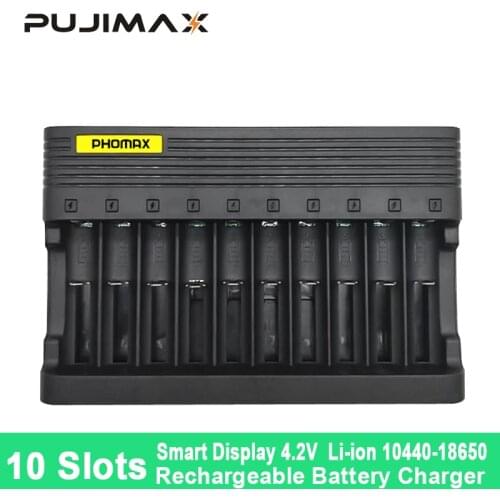 PUJIMAX Battery Charger 10Slot EU/US/UK Plug Portable For 16340/14500/18650/18500 Li-ion/lithium Rechargeable Batteries Charging