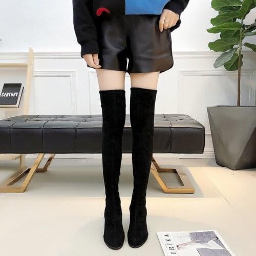 Size 43 2020 New Winter Warm Womens Over-the-Knee Boots Concise Solid Black Flock Long Boots Casual High Heels Shoes for Women