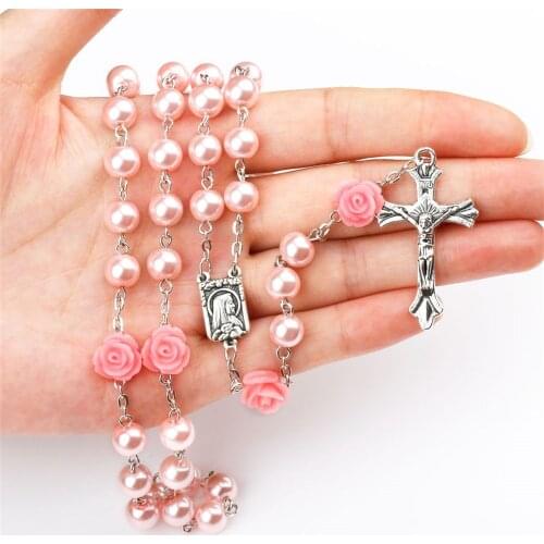 Pink 6MM Polymer Clay Bead Rosary Pendant Necklace Alloy Cross Virgin Mary Centrepieces Christian Catholic Religious Jewelry