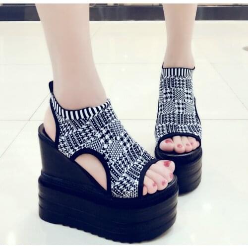 Summer Fashion Womens Sandals 13 CM Heels Wedge Platform Shoes Bling Leather High Heels Sandals For Women Gladiator Sneakers