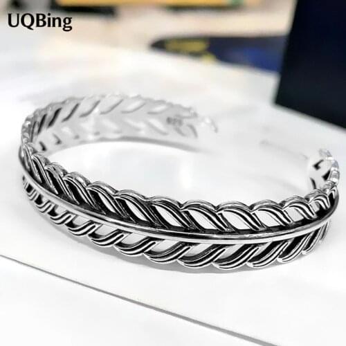 925 Sterling Silver Vintage Hollow Leaves Feather Open Adjustable Bangles For Women Men Jewelry