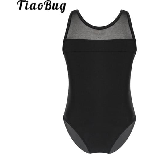 TiaoBug Black/Red/Navy Blue Sleeveless Mesh Splice Cutouts Back Child Gymnastics Leotards for Girls Ballet Dress Kids Dance Wear