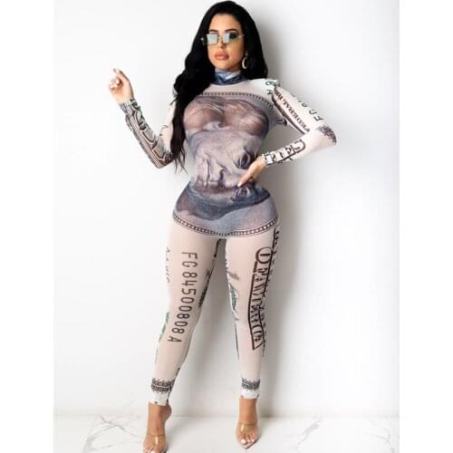 TNNAOFF Fall Mesh Money Print Bodycon Rompers for Women Rave Festival Clothing Sexy One Piece Outfit Long Sleeve Club Jumpsuits